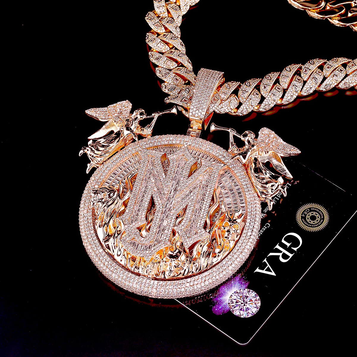 Hip Hop Charm 3D Fire Devil Skull Lion Statement Jewelry For Rapper Street Style Unisex Bling Ornament 18K Rose Gold Plated Cubic Zirconia Iced Out Two Angel Fine Jewelry Gifts for Men Boy FriendsTrumpet M J Letter Medallion Pendant For Club Party Daily