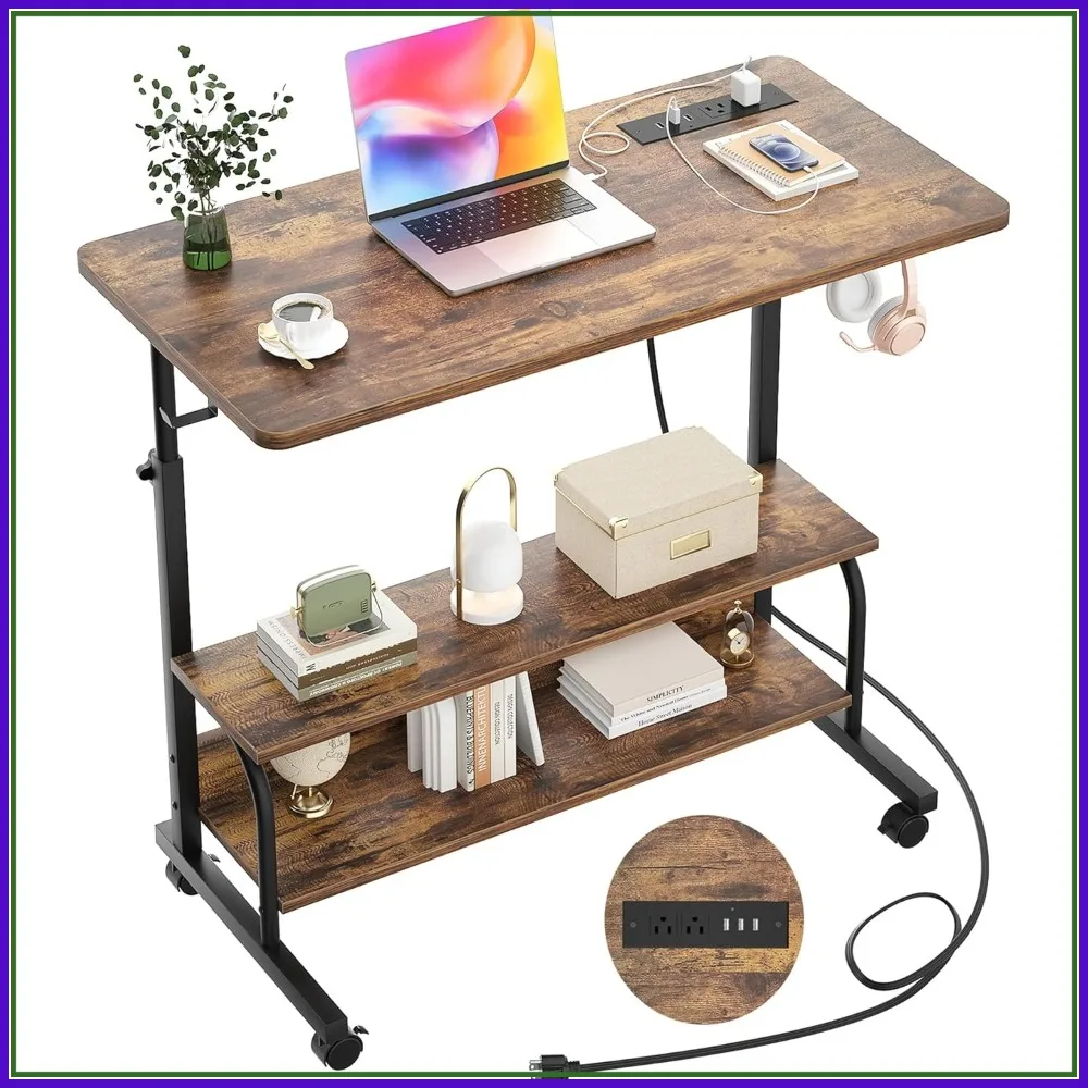 

32" Manual Height Adjustable Rolling Desk with Power Outlets, Mobile Standing Computer Desk for Home Office, Rustic Brown