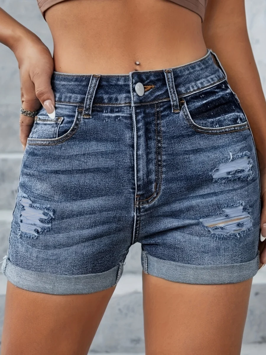 

LW High Waist Ripped Pocket Design Solid Skinny Stretchy Denim Shorts Women Summer Pocket Tassel Hole Ripped jeans Short