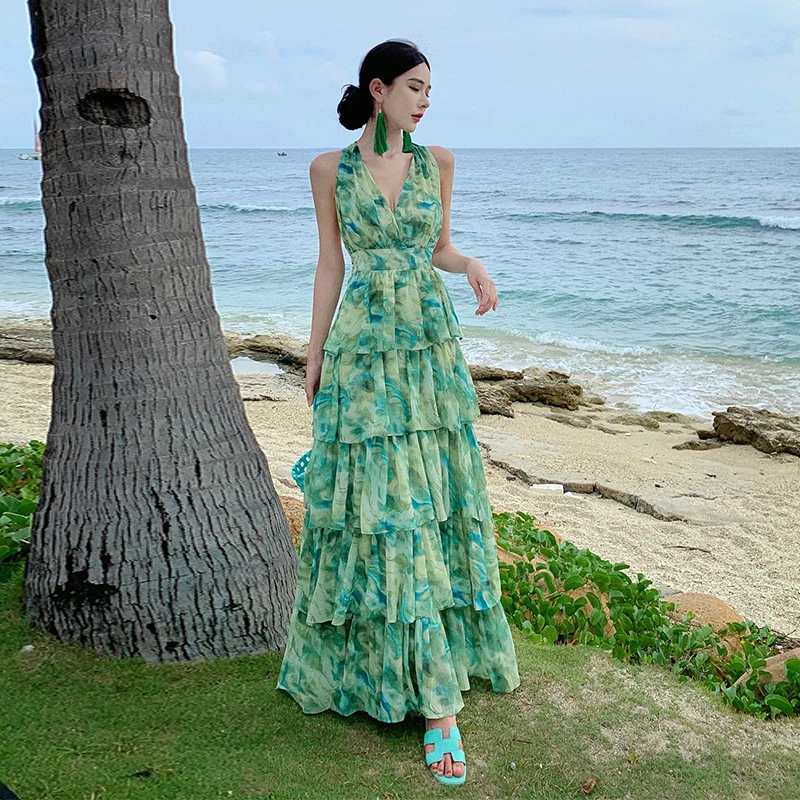 Praia Vaion adient Bal Dr Aosphere Saia de bolo em camadas V-ne Vestido longo de verão Svel de cintura alta