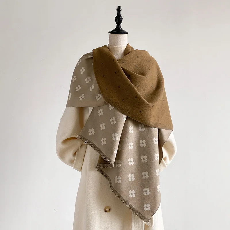 Small floral women's autumn and winter Korean version of versatile thickened warm sweet long imitation cashmere scarf shawl