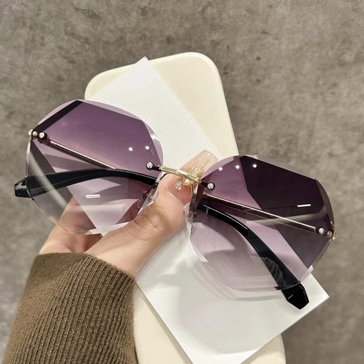 Oversized Rimless Hexagon Sunglasses UV Protection Fashion Trendy Shades for Women