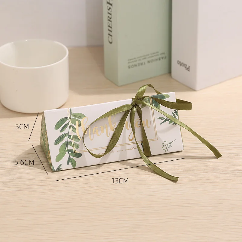 10/20Pcs Green Leaf Triangle Candy Box Wedding Biscuit Favor Gift Packaging Box With Ribbon Engagement Birthday Party Decoration