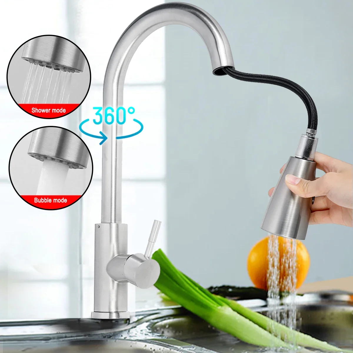 360 Degree Hot Cold Mixer Tap Shower Kitchen Faucet Deck Mounted Stainless Steel Pull Out Rotation Sprayer Sink