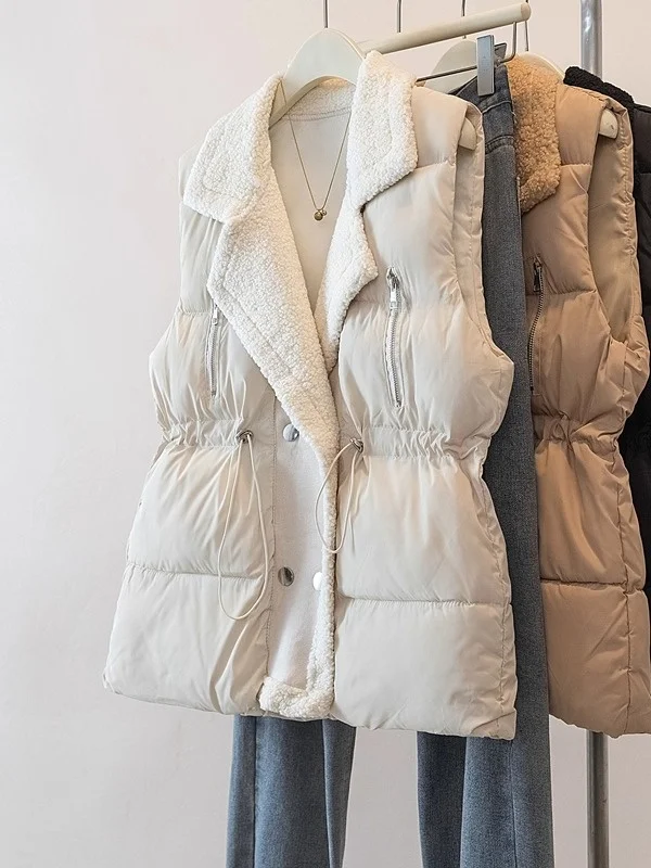

plus Size Women's Casual Lamb Fur Patchwork down Cotton Vest Svel Dstring Waist Slimming Jaet for Winter