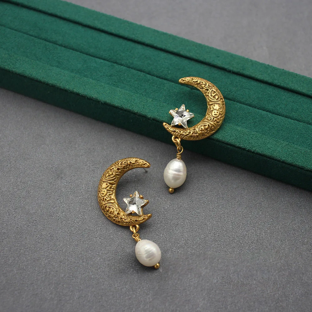 

Florence vintage stars moon studs earrings baroque pearls pendant classic grogeous jewelry