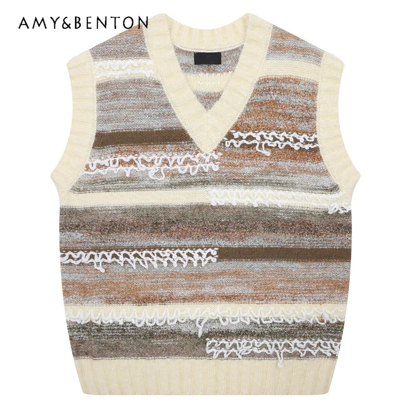 

American Retro Gradient Striped V-Neck Sleeveless Women's Sweater Autumn Winter Layered Warm Loose Fashion Sweater Vest Unisex