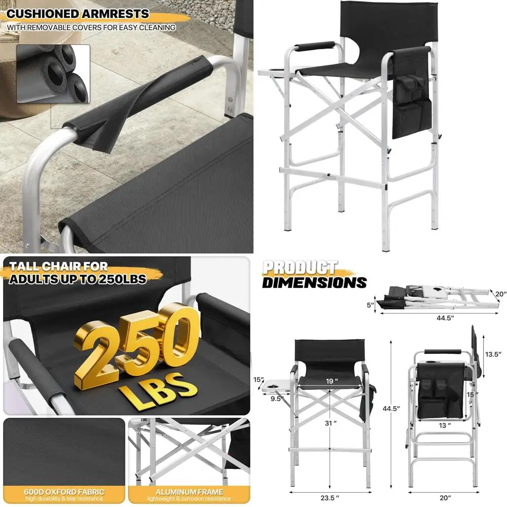 

Portable 31-Inch Aluminum Frame Folding Chair with Side Table, Cup Holder, Pockets, 250lbs Capacity - Black