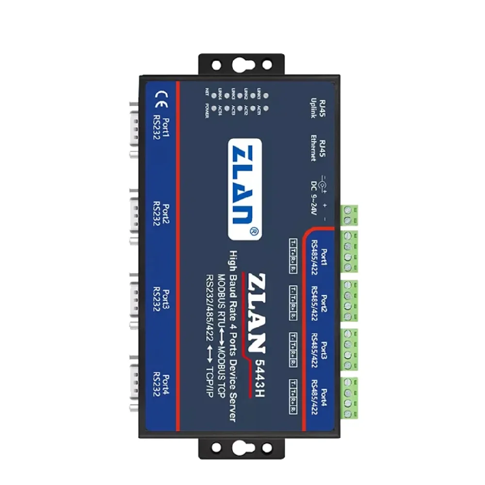 Convertisseur Ethernet 4 ports série RS232 RS485 RS422, dispositif de serveur IOT ZLAN5443H, prend en charge Modbus, débit en bauds élevé