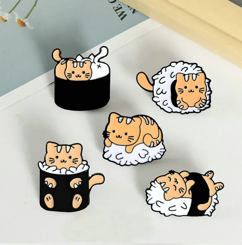 Cat Sushi Rice Ball Enamel Pins Custom Cute Animals Japanese Foods Brooch Lapel Badge Bag Cartoon Jewelry Gift for Kid Friend