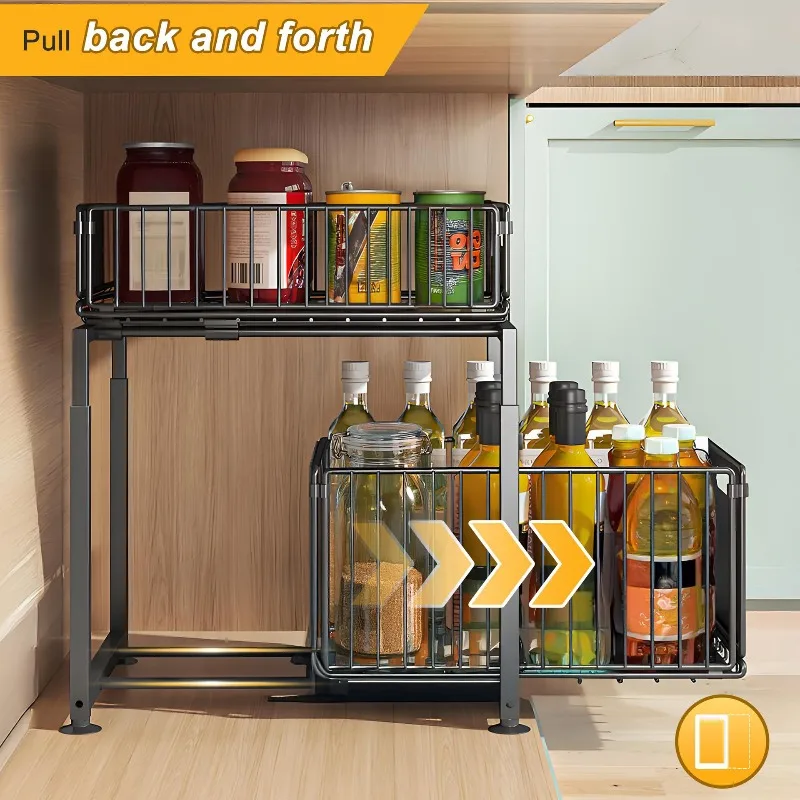 Under Sink Pull Out Drawer Rack Telescopic Storage Basket Kitchen Cabinet Spice Organizer