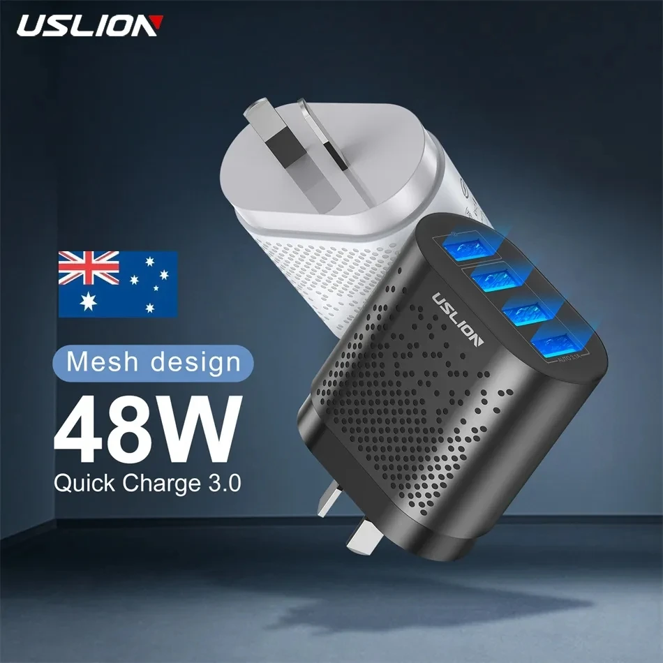 USLION 48W 3A QC3.0 AU Plug USB Charger for Australia Mobile Phone Charger For iPhone 15 14 Samsung 4 Port Fast Wall Chargers