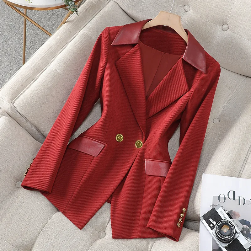 2024 Autumn New Corduroy Elegant Pant Suit Ladies Formal Business Work Wear 2 Piece Set Red Coffee Jacket Blazer And Trouser