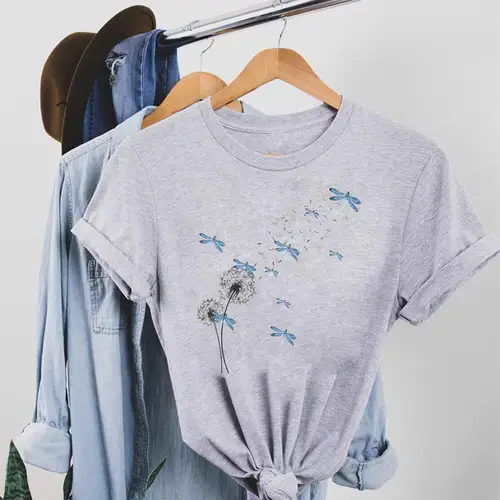 Imagen 2 del producto Ropa estampada para mujer, camiseta con estampado de diente de león, acuarela, libélula, amor, Tops para mujer, camiseta gráfica con estampado de dibujos animados para mujer