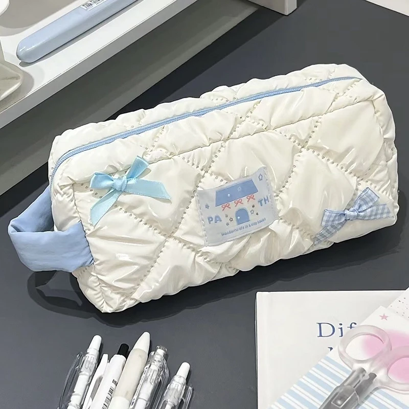 New White Bow Pencil Bag Large Capacity Stationery Bag Travel Storage Bag Women'S Cosmetic Bags Cute Design Girls Pencil Case