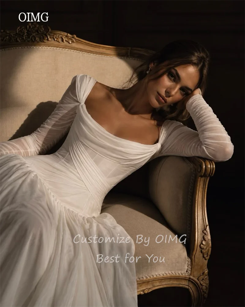 OIMG Boho Full Sleeves A Line Wedding Dress Chiffon Pleated Bride Dresses Floor Length Wedding Gown платье свадебное Customized