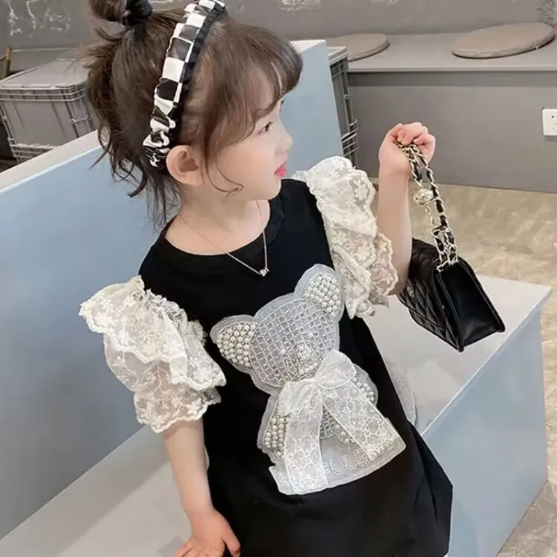 Vestido de manga corta para niña, vestido de princesa de encaje a la moda para bebé, Camiseta larga para niños, ropa de primavera y otoño