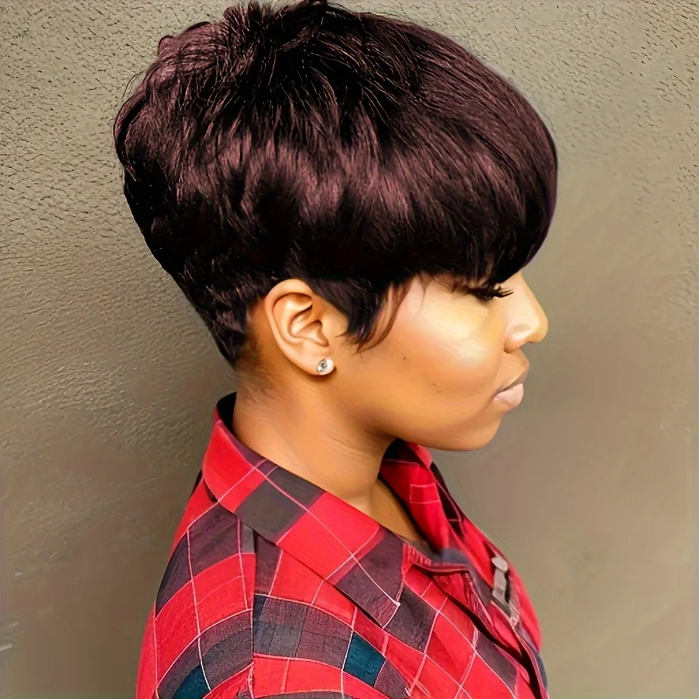 4 # 99J/1Bカラーのピクシーカットストレート人毛ウィッグ、女性用フルマシンメイドウィッグ、ショートレイヤードストレートウィッグ（前髪付き）