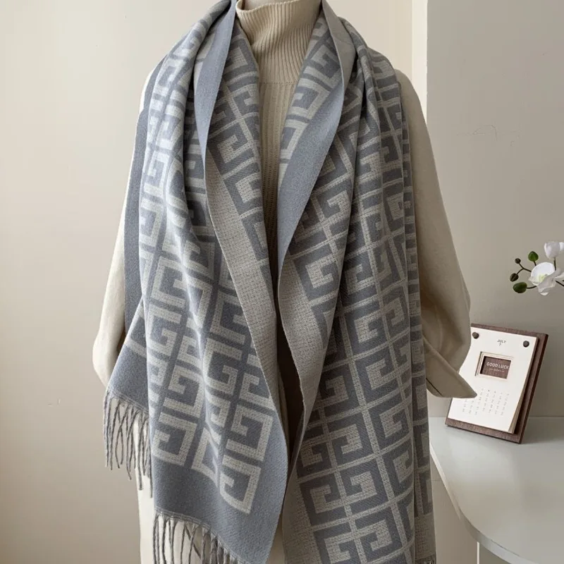 Luxury Two Way Scarf 2025 for Women Winter Warm Faux Wool Blend Reversible Wrap Elegant Design Christmas Gift Free Shipping