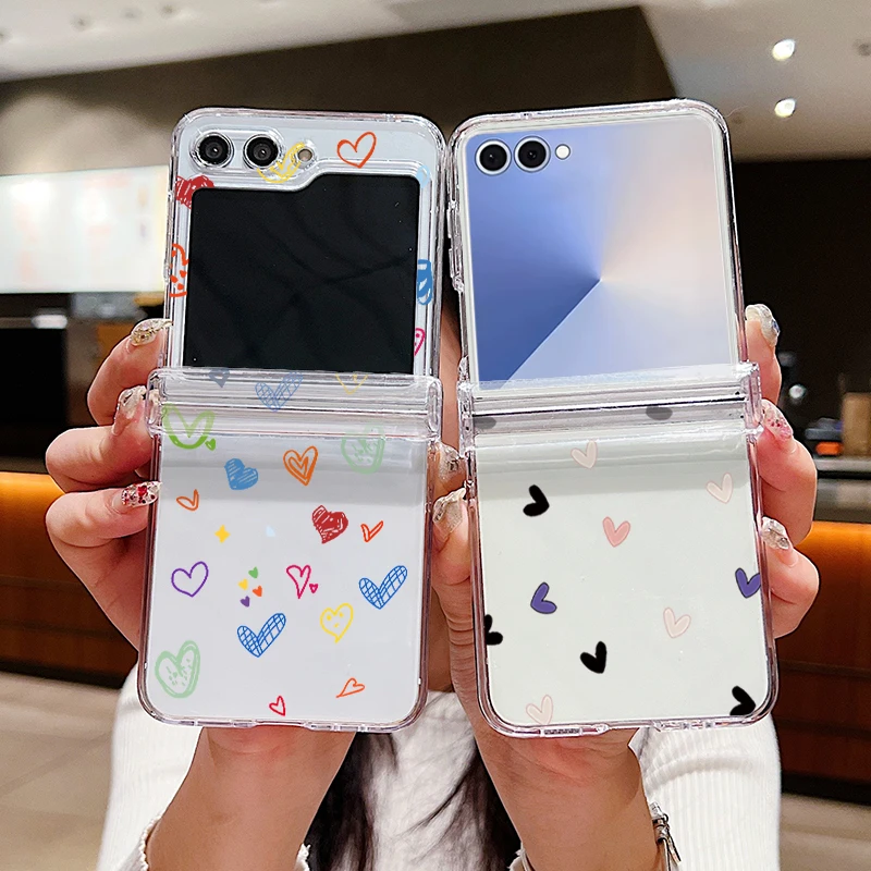 Colorful Love Heart Printed Phone Case For Samsung Galaxy Z Flip 7 FE 6 5 4 3 5G Folding Hard PC Clear Cover For Samsung Z Flip6