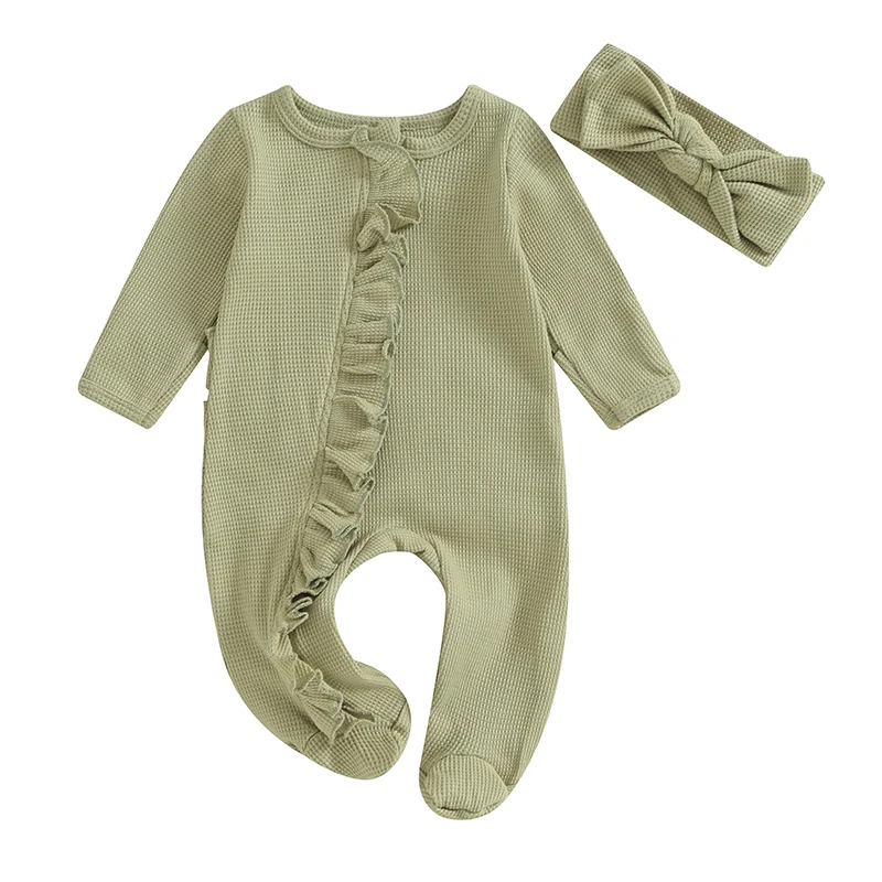 Baby Girl Long-sleeve Jumpsuit with Headband Baby Romper Spring and Autumn Baby Girls Newborn Clothings Solid Color Frills