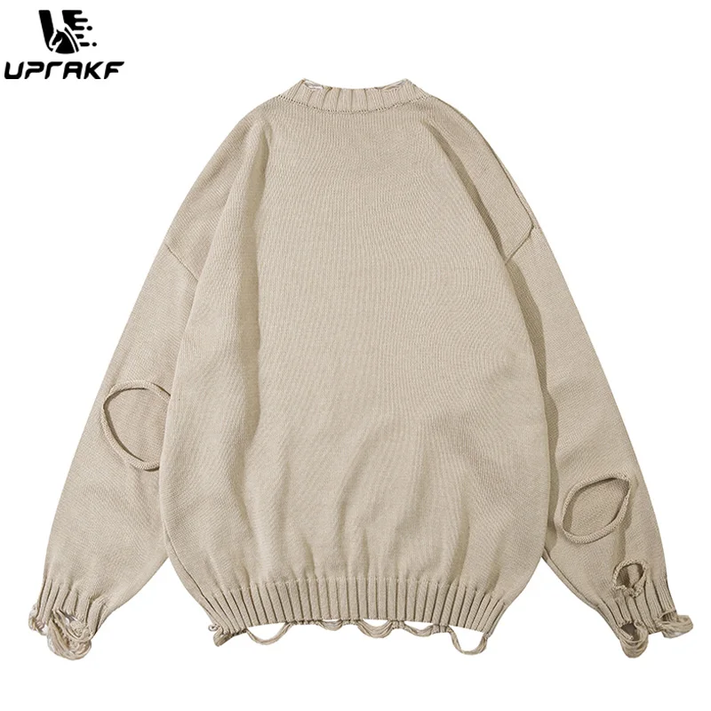 UPRAKF Ripped Hole Sweater Solid Color Autumn Winter Fashion Streetwear Pullover Casual Long Sleeve Loose Knitted