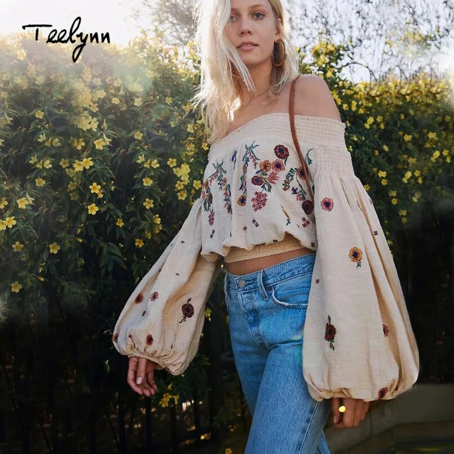 TEELYNN Short Boho Blouse 2024 Floral Embroidery Sexy Off Shoulder Summer Crop Top Long Sleeve Chic Women Blouses Hippie Blusas