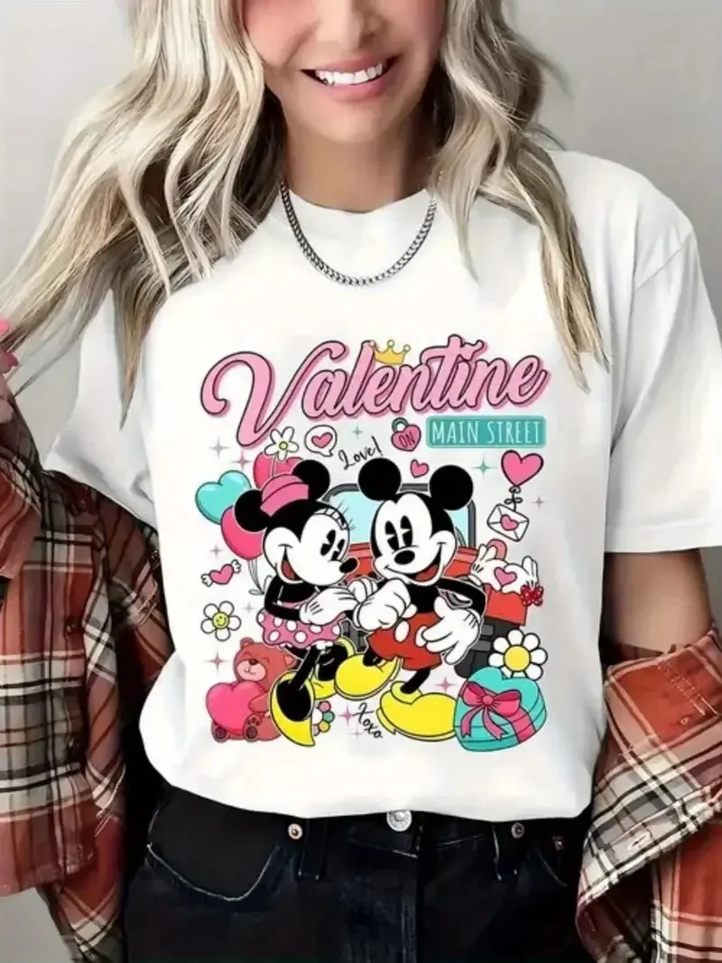 

2025 Disney Pattern Printed Women's Casual Comfortable Unique Smiling Face Black Round Neck Short Sleeve T-shirt