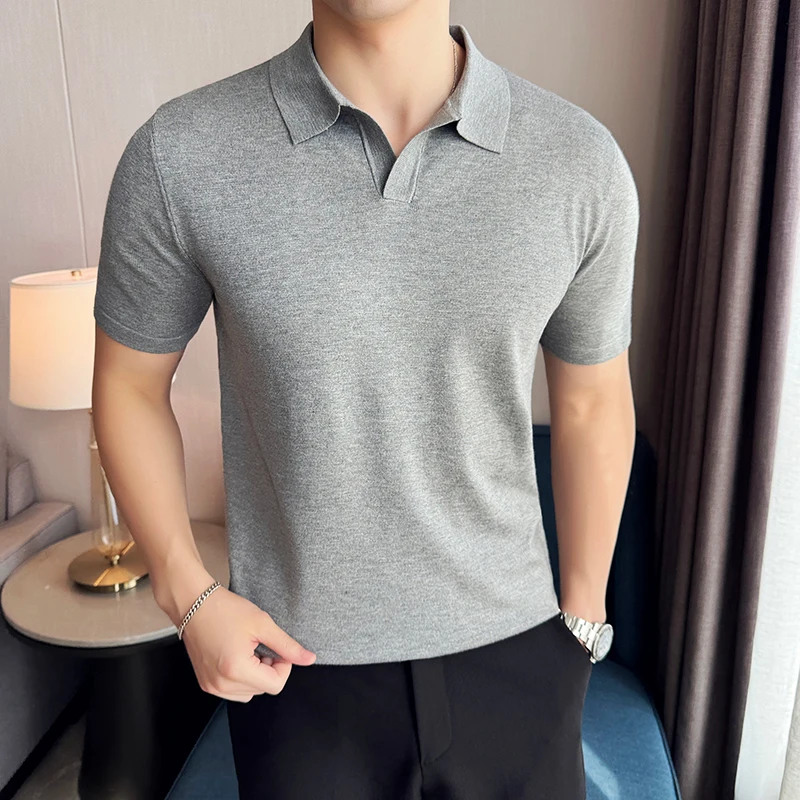 High Elasticity Men Short Sleeved Polo Shirt 2024 Summer Ice Silk Light Thin Solid Casual Lapel Knitted T-shirt Men Clothing