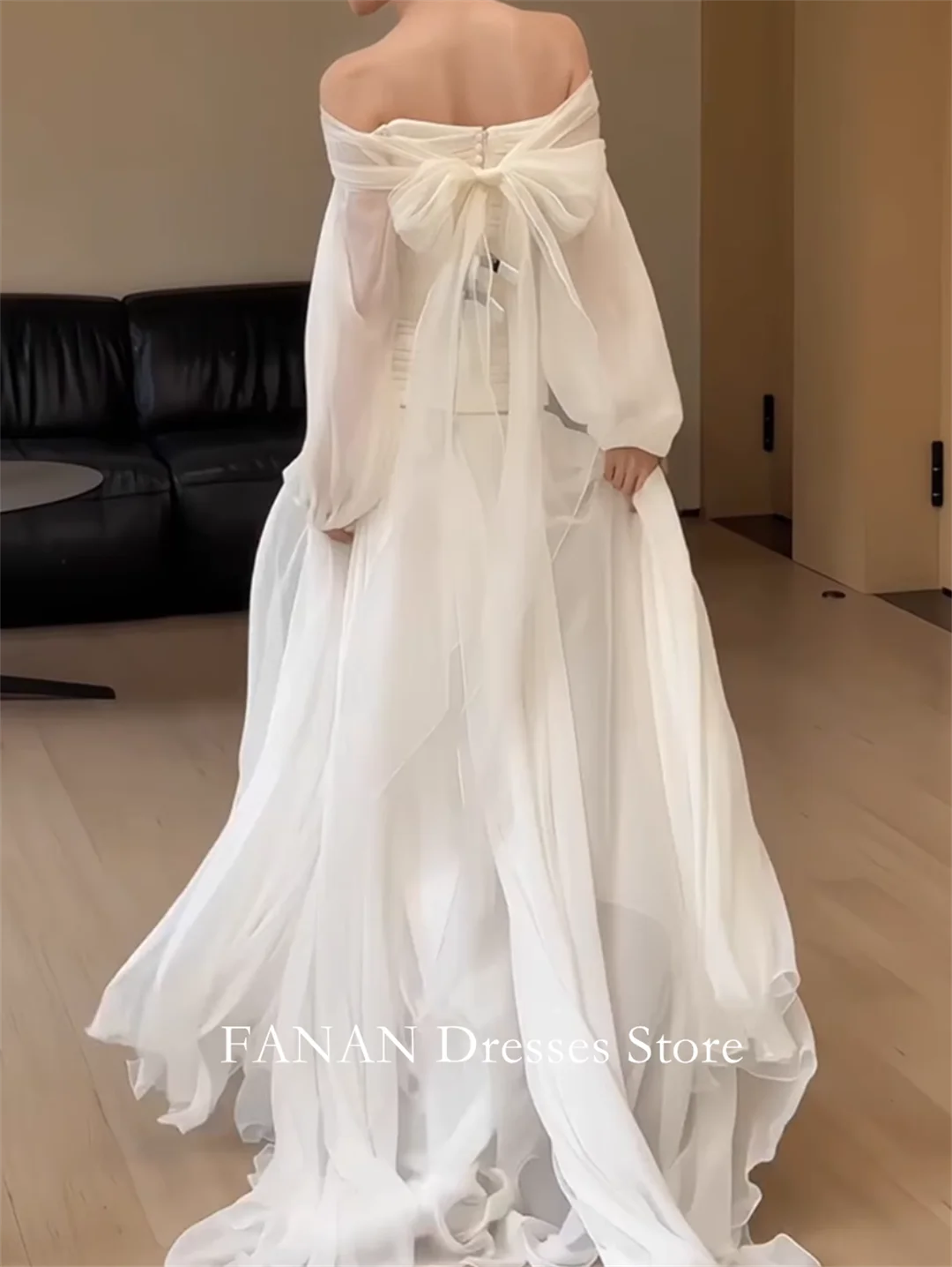 FANAN Off-Shoulder Korea Ivory Mermaid Backless Wedding Dresses 웨딩드레스 Pleated Chiffon Customized Pretty  Bride Gowns Plus Size