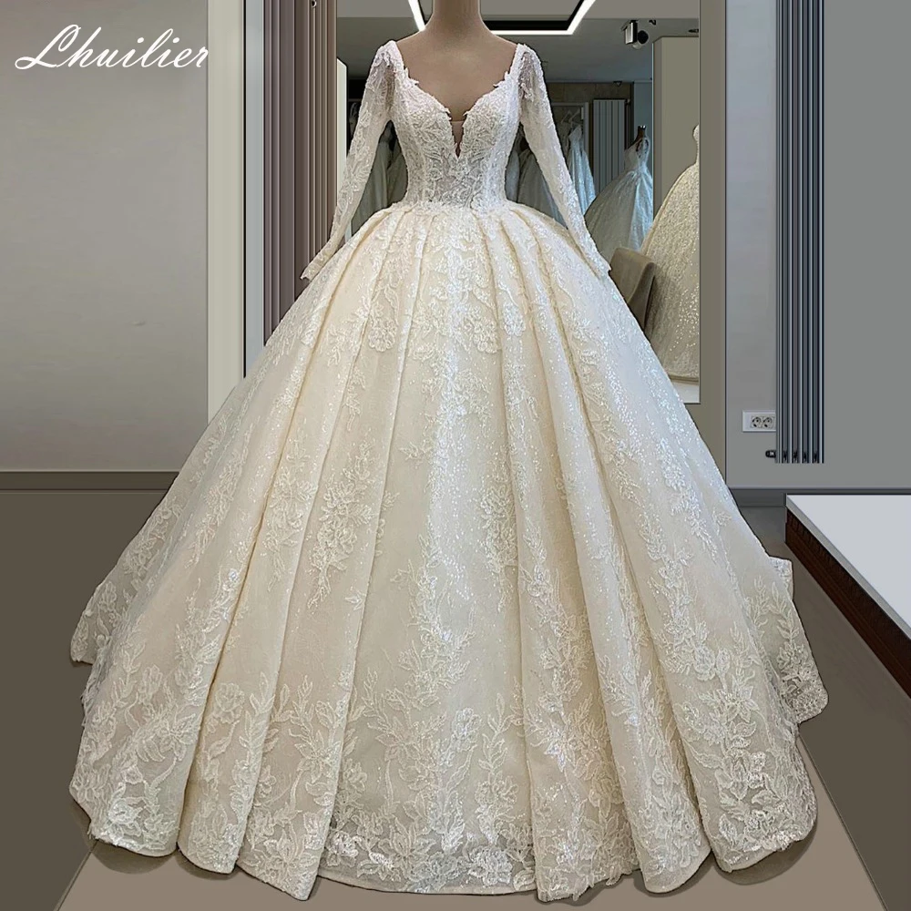 Lhuilier elegante scollo a V a-line abiti da sposa in pizzo maniche lunghe Glitter Tulle V Back abito da sposa con strascico