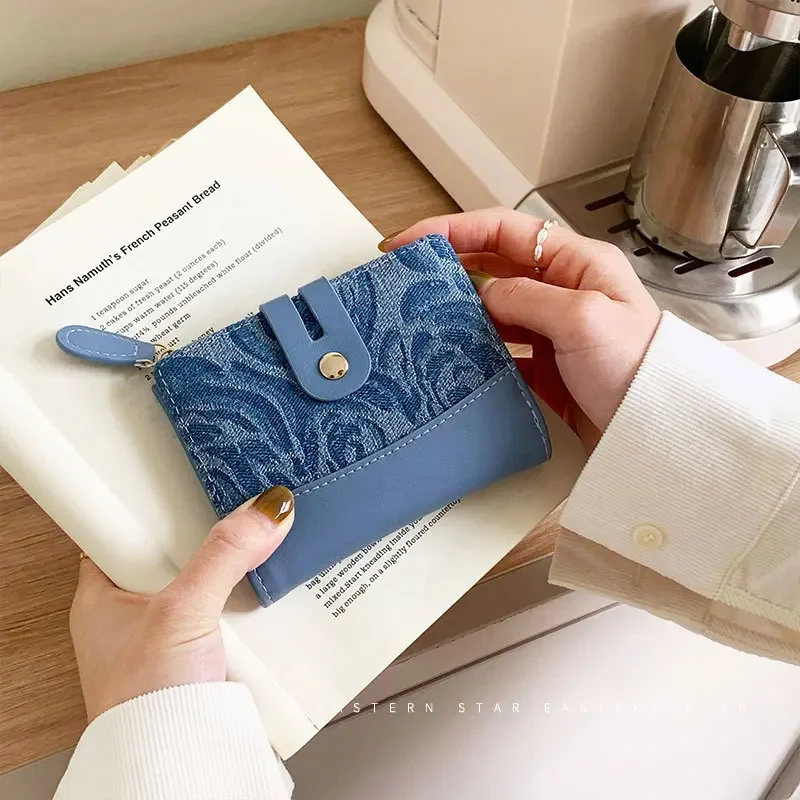 Fashionable and Exquisite Denim Pattern Women's Leather RFID Blocking Zipper Pocket Wallet Ladies Credit Card Slots Purse