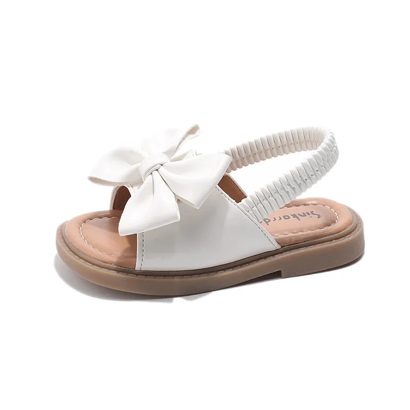 

Summer Girl's Sandals Big Bowtie Pink Beige Pu Leather Holiday Kids Sliders Elastic Band Open Toe Leisure Comfy Children Shoes