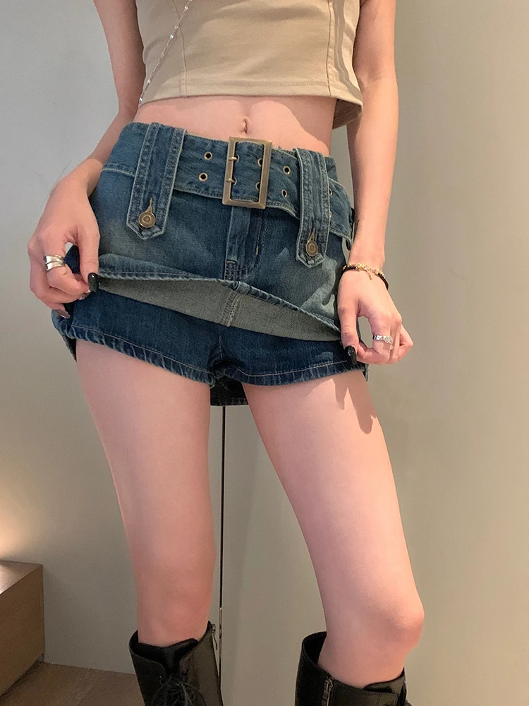 

Сексуальная джинсовая юбка-шорты для женщин, летняя, в стиле ретро, с высокой талией, ультракороткая, облегающая, с эффектом утяжки, на завязках