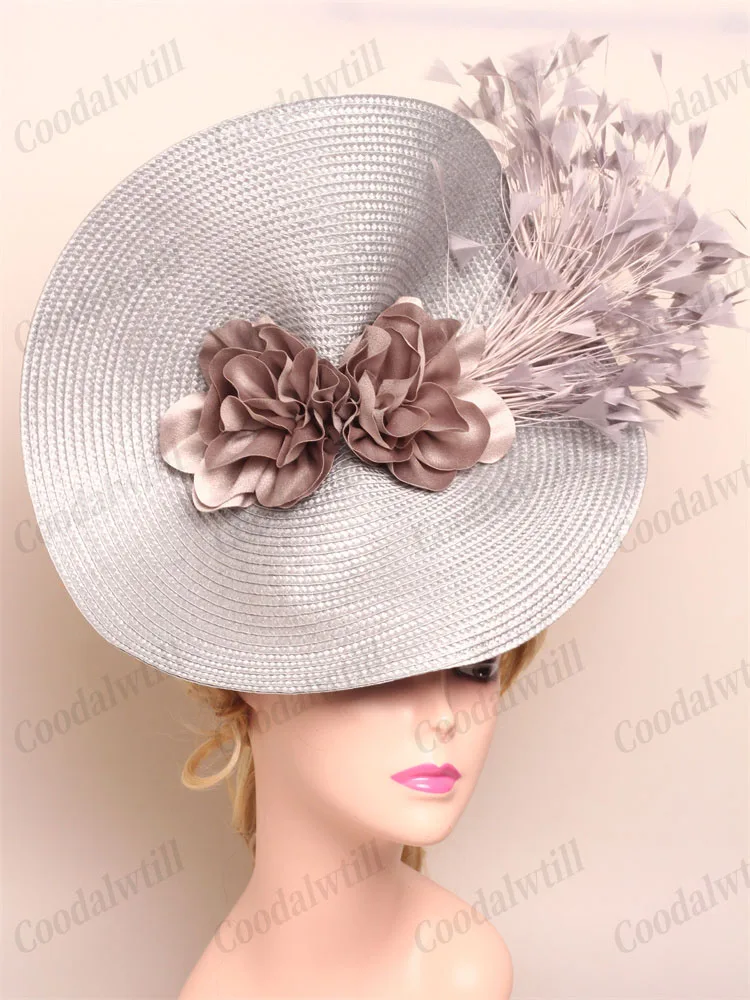 

Womens Big Fascinator Hat Feather With Flower Decor Hair Clips Wedding Bridal Cocktail Headwear Fasciantor Derby Pillbox Cap