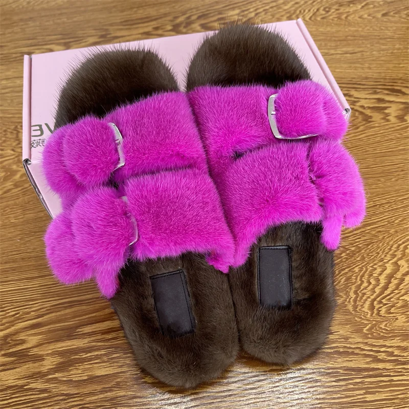 European Station Luxury Fashion Fur Slippers High Quality Mink Slippers Ladies 100% Mink Fur Slippers Summer Slippers