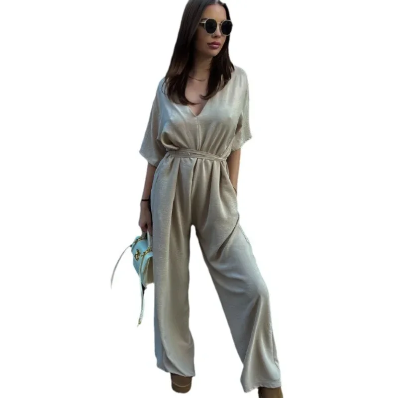 

Jumpsuits One Piece V Neck Rompers Overalls Solid Wide Leg Pants Ankle Length Pockets Sexy High Waist Casual Sashes