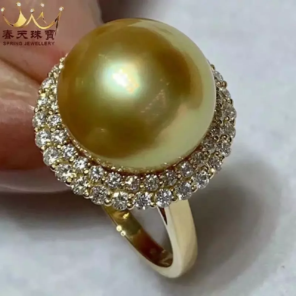 Gorgeous oversized AAAA 9-10mm 10-11mm 11-12mm13-12mm round natural SouthSea gold pearl opening ring 925S