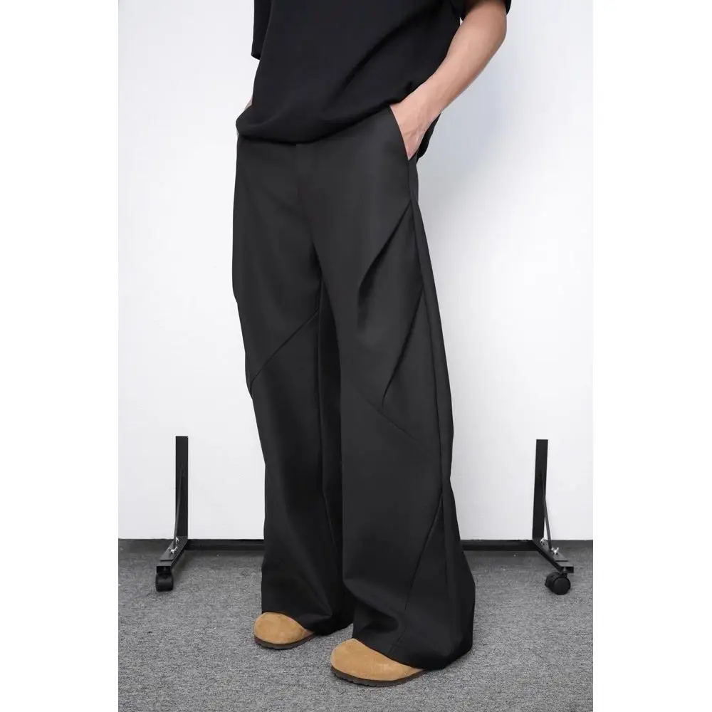 

Korean style pleated split rhombus three-dimensional cut drapey straight wide-leg trousers men spring loose fashionable trousers
