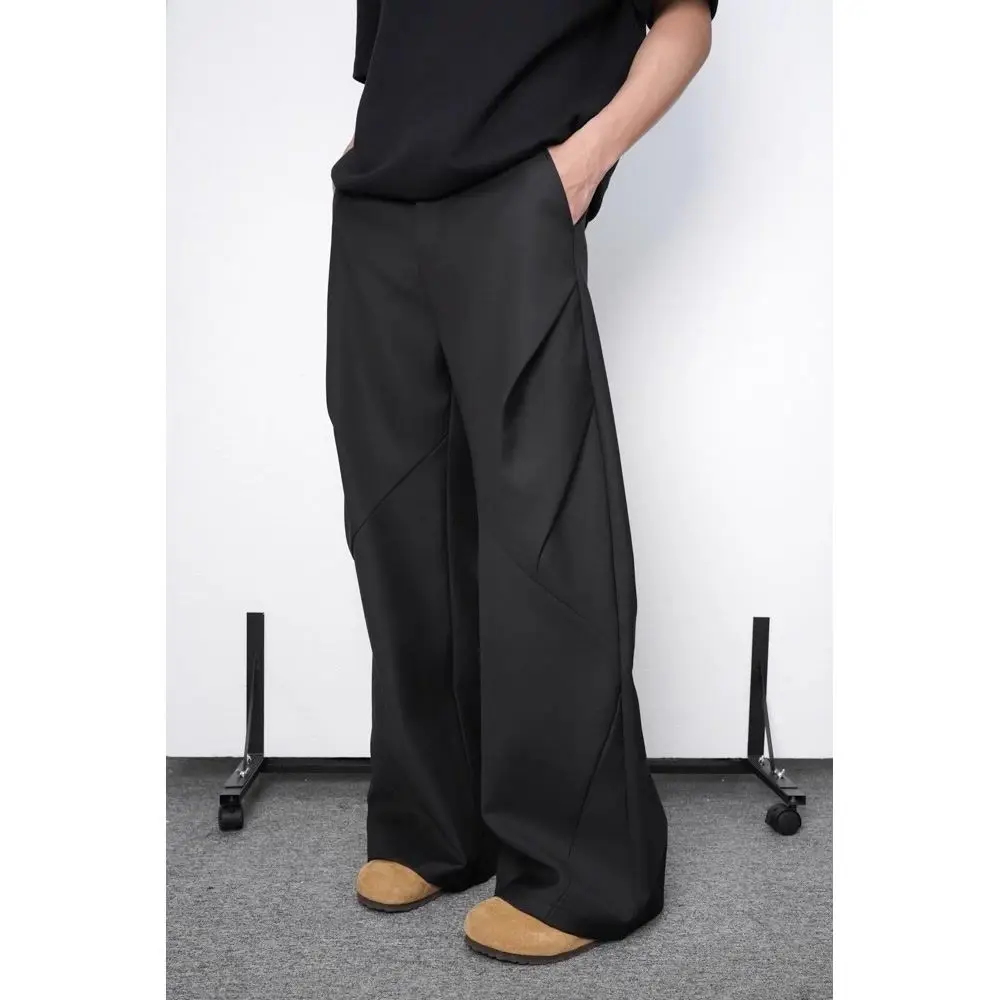 Stile coreano pieghettato split rombo taglio tridimensionale drapey dritto pantaloni a gamba larga uomo primavera pantaloni larghi alla moda