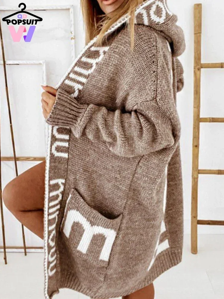 New in Spring Autumn Women Coat Fashion Pocket Lovely Letters Chic Cold Resistant Long Loose Street-wear Cardigans Sweaters Coat