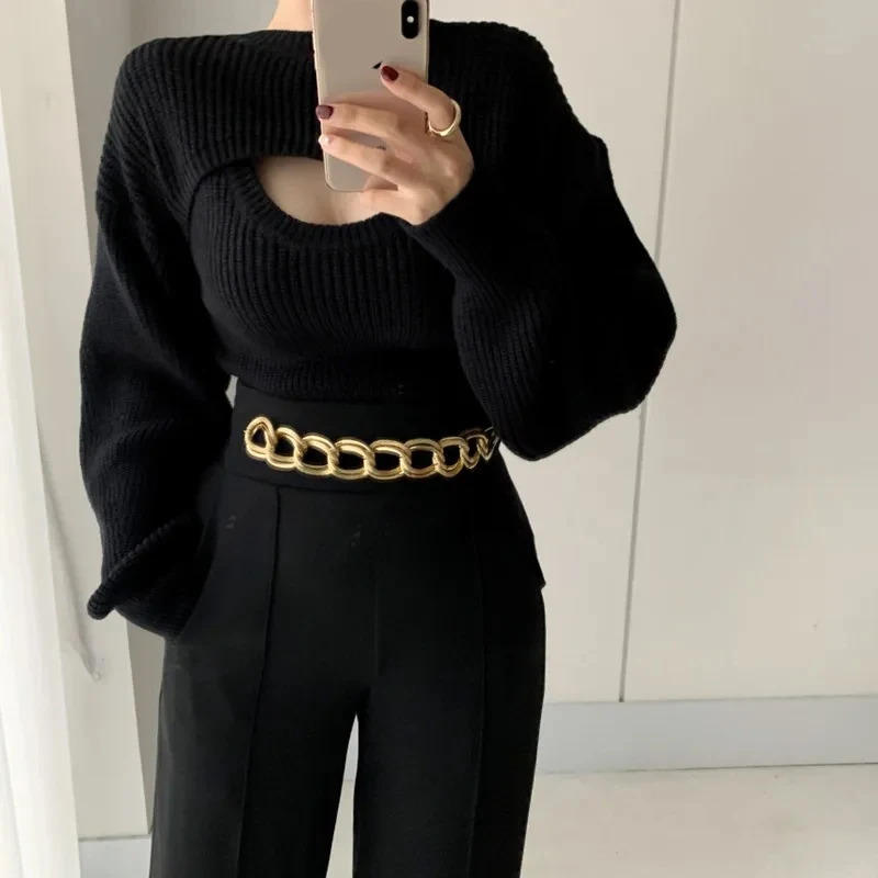 เสื้อสเวตเตอร์ถักแฟชั่นสำหรับสาวๆ สไตล์หรูหรา สำหรับฤดูใบไม้ร่วงและฤดูหนาว แบบเสื้อสองชิ้นในตัวเดียว ดีไซน์เสื้อกั๊กและเสื้อสเวตเตอร์ทรงเข้ารูป สีพื้น เรียบง่าย