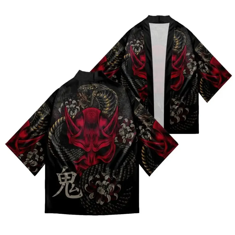 Harajuku Style Unisex Hannya Mask Snake Floral Haori Graphic Print Kimono Cardigan Japanese 1/2 Sleeve Yukata Coat Tops