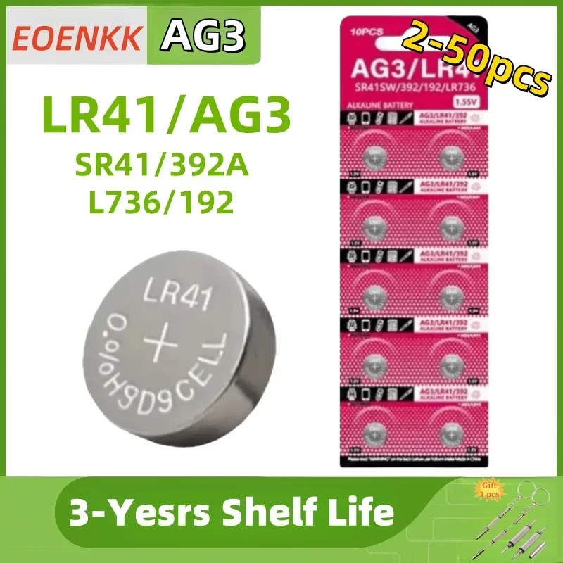 

New2-50pcs AG3 1.55V Alkaline Button Battery AG3 192 LR41 SR41SW L736 Coin Cell Button Batteries For Watches Toys