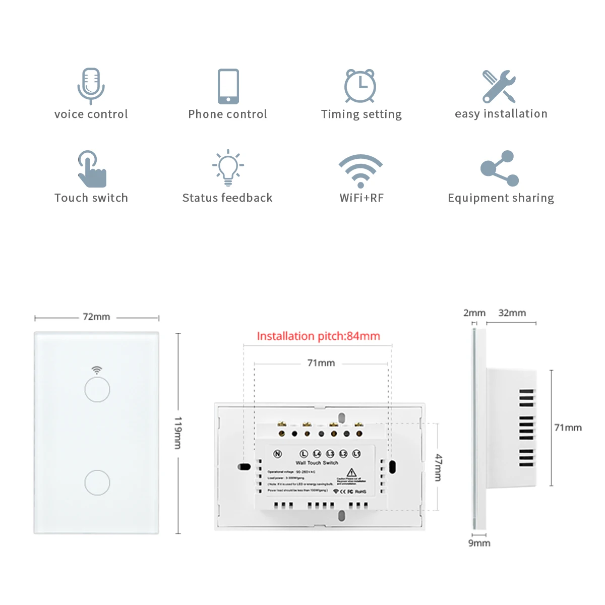 Tuya Smart Life WIFI Smart Light Switch Crystal Glass Wall lamp Touch Switch AC110V-250V Voice Work with Alexa, Google Home