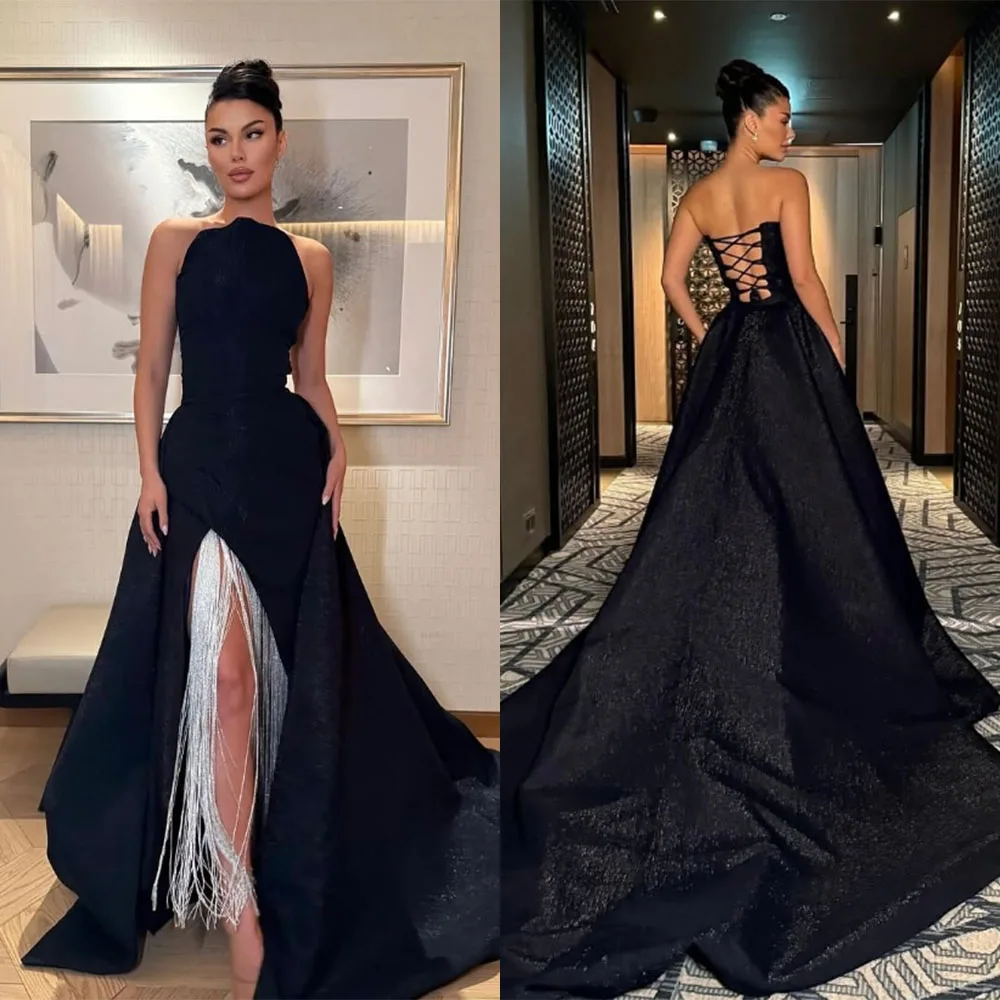 

High Quality Customized Floor Length High Fork Back Strap Sleeveless Strapless Feathers Dresses for Women Party فساتين حفلات