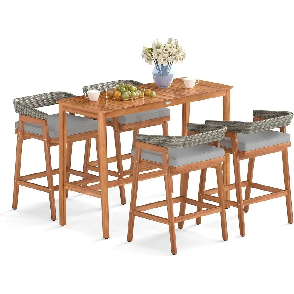 

Outdoor Acacia Wood Patio Bar Set with 4 Cushioned Rattan Back Barstools for Backyard, Poolside, Balcony