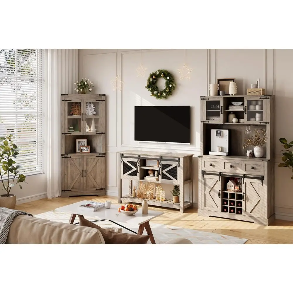 Lemari Bar Geser Rustic 72, Rak Dapur dengan Rak Anggur, 3 Laci, Bufet Ruang Tamu