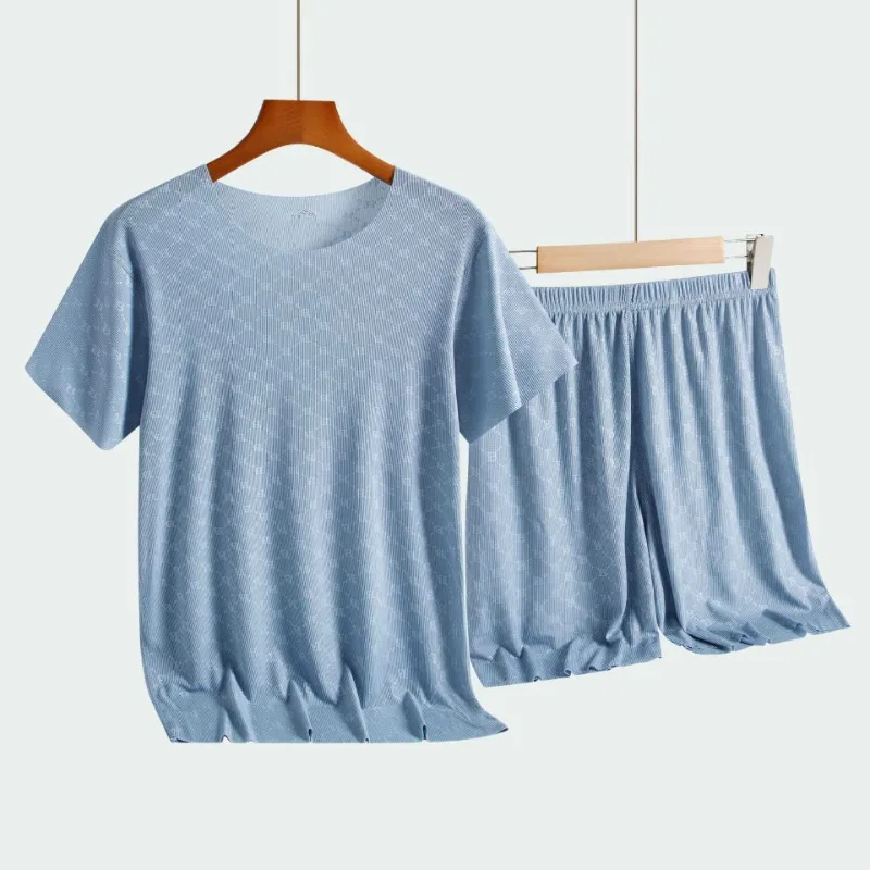 여름 남성 Loungewear 인쇄 된 얼음 실크 티셔츠 반팔 캐주얼 잠옷 크루 넥 반팔 반바지 2 피스 세트 잠옷