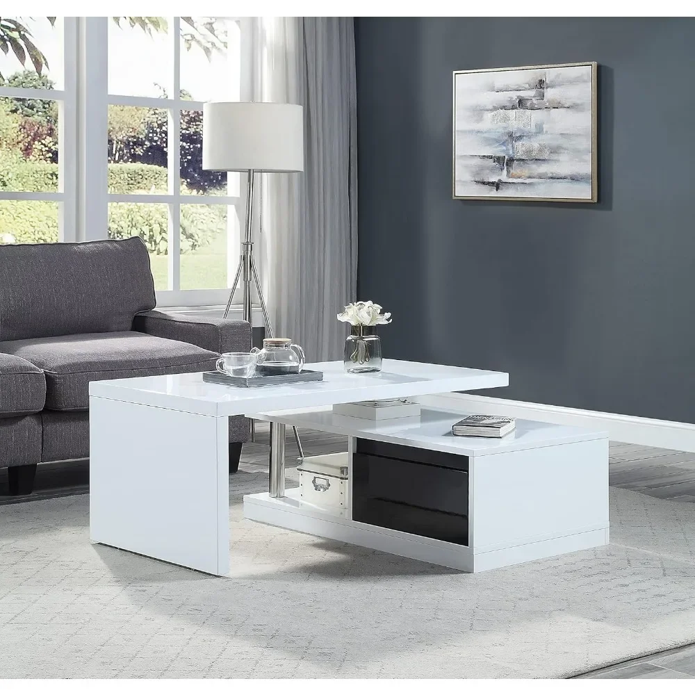 Contemporary Swivel Top Coffee Table with Storage Drawer and Open Compartment, Living Room Sofa Couch Side Cocktail Tea Table